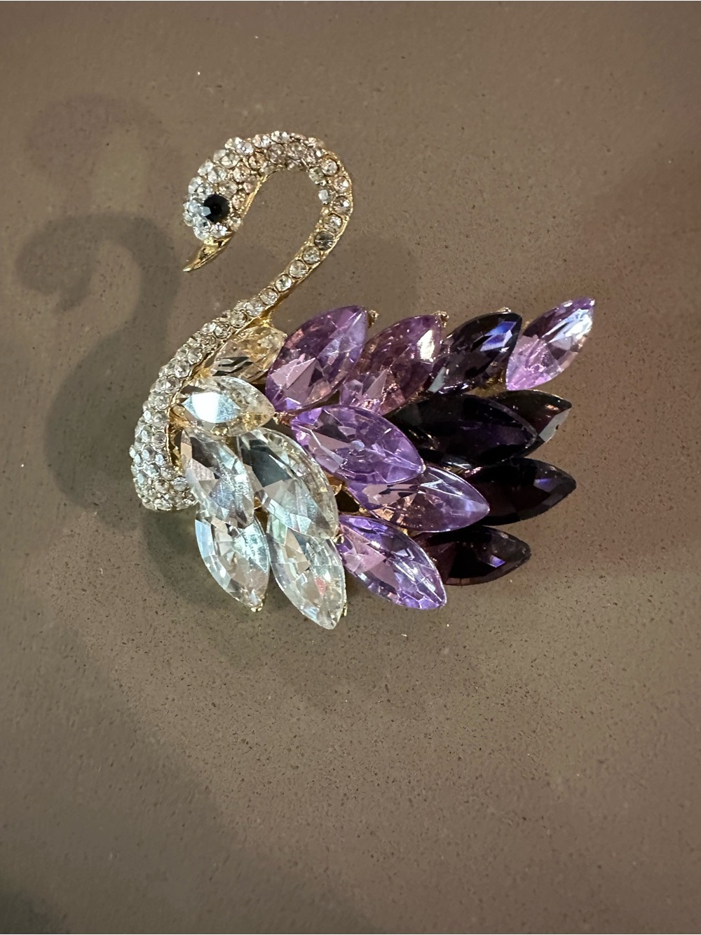 Crystal Swan Brooch in Purple, Clear and Black Crystals
